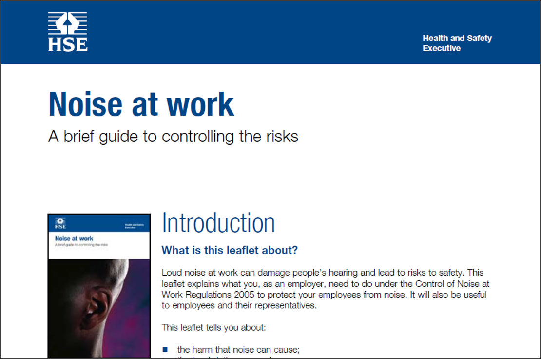 Noise at Work - a brief guide to controlling the risks (HSE)