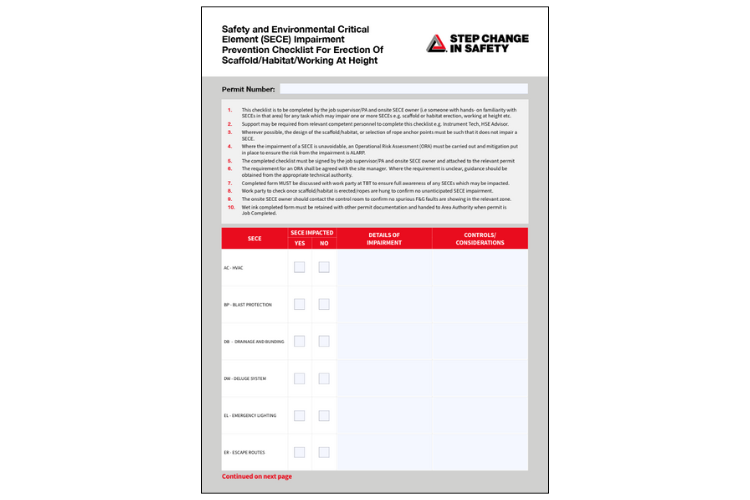 Safety and Environmental Critical Element (SECE) Impairment Prevention Checklist for Erection of Scaffold/Habitat/Working at Height